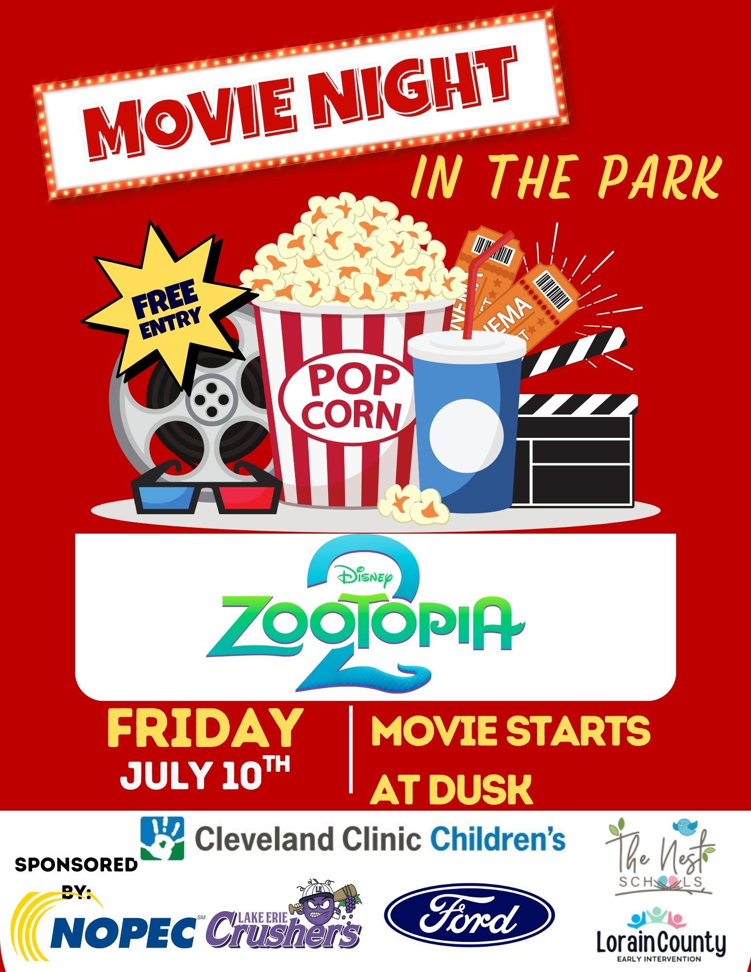 Flyer with a picture of popcorn, movie tickets, and drink with information about the movie Zootopia 