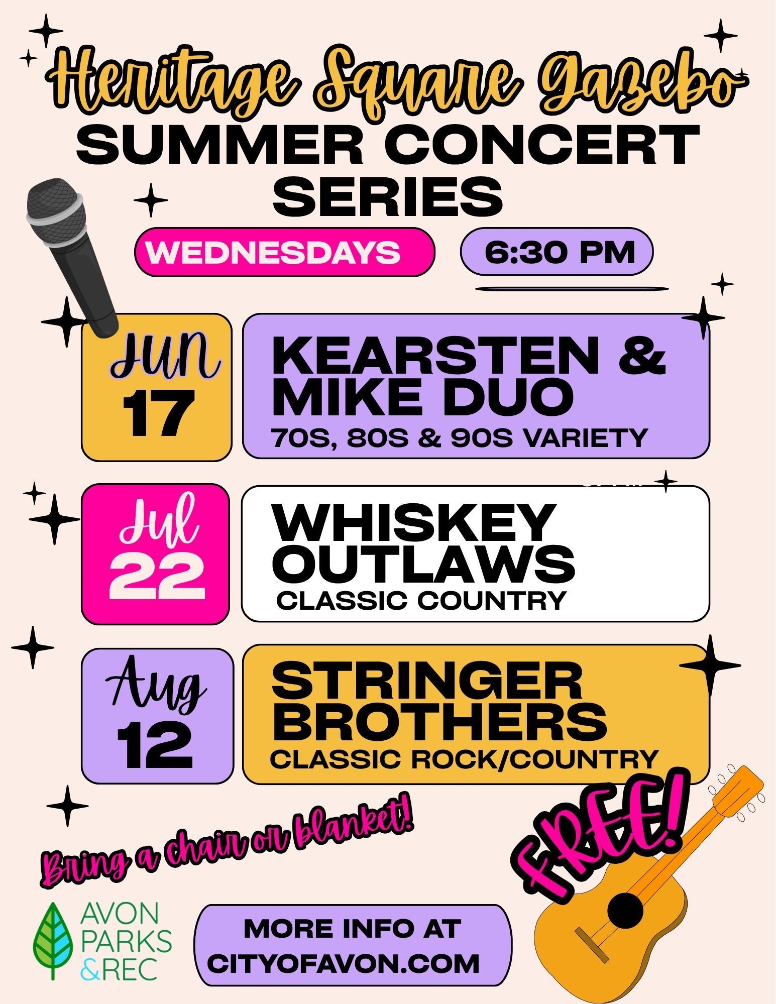 Dates of summer concerts at Heritage Square Gazebo in Avon, showing each act performing