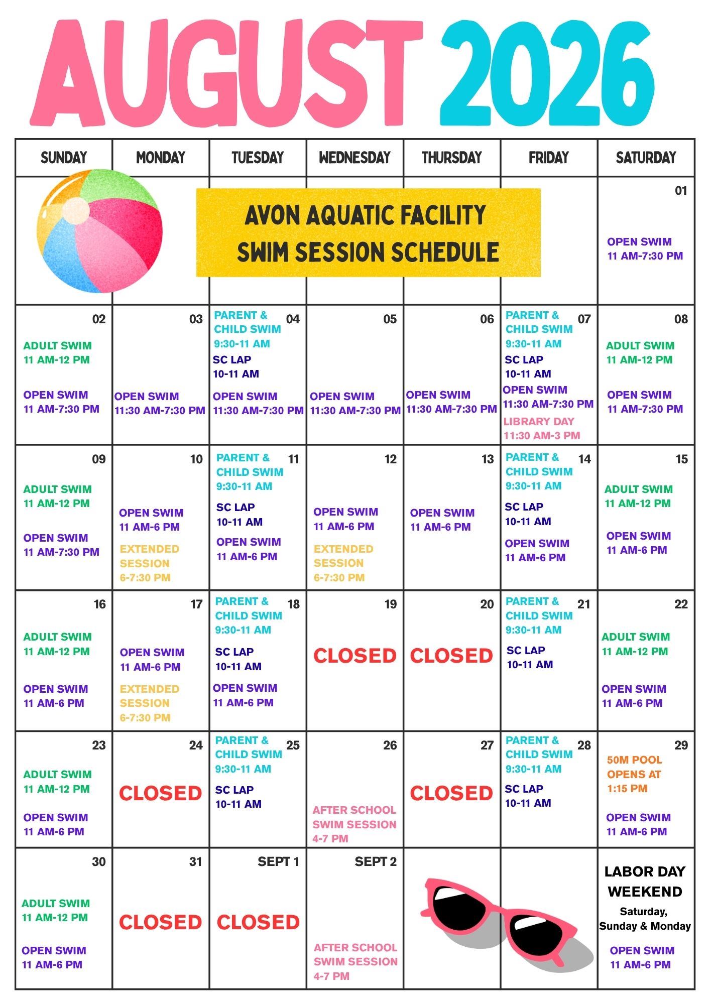 Dates that Avon Aquatic Facility is open during the month of August.